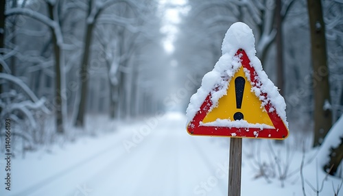Warning sign in snow-covered forest road with blurred background