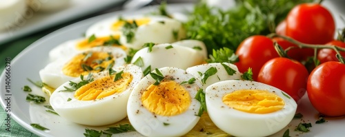 Boiled eggs with cherry tomatoes and parsley creating a healthy breakfast