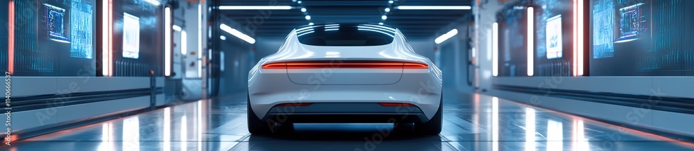 Fototapeta premium 3D rendering, white car on the highway of futuristic high-tech data center
