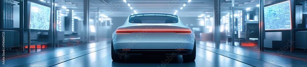 3D rendering, white car on the highway of futuristic high-tech data center