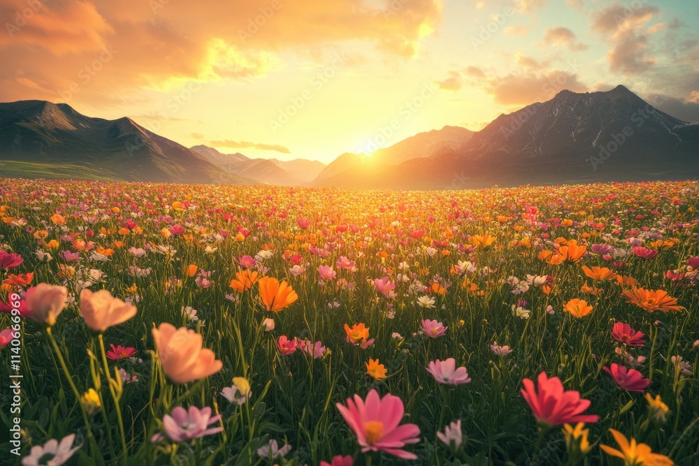 Fototapeta premium Vibrant Flower Field at Sunset in a Stunning Landscape