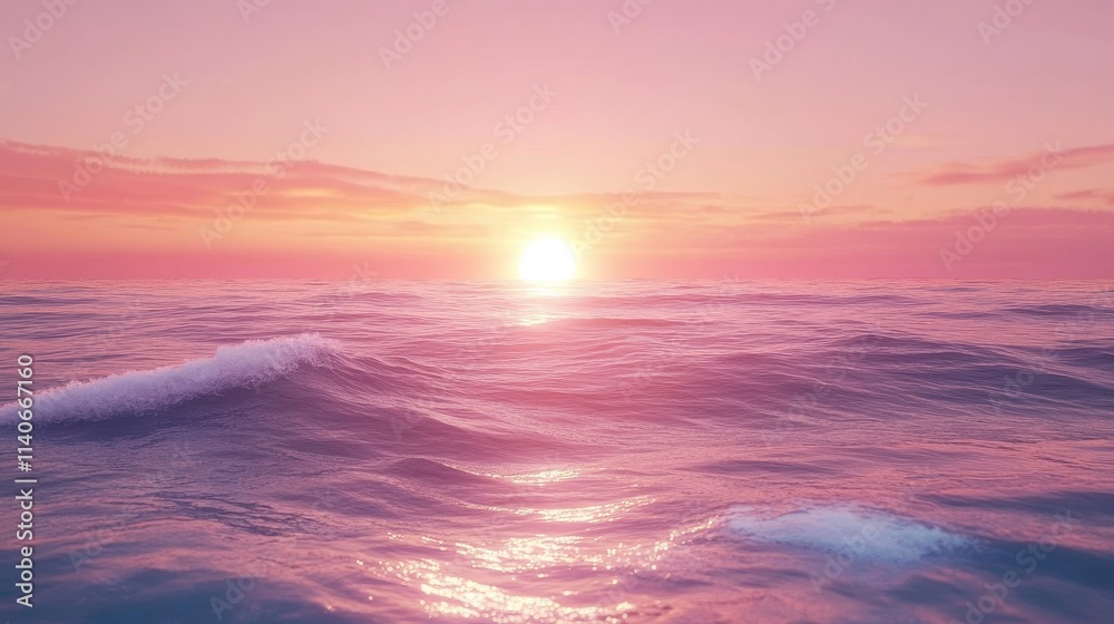 Fototapeta premium Vibrant sunset over the ocean, pink orange gradient sky, calm waves, copy space, Generative AI