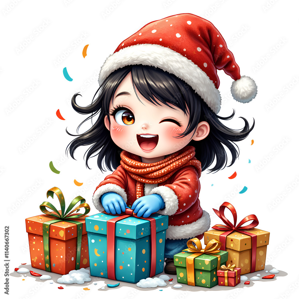 Cheerful child in a santa hat surrounded by colorful gifts and confetti in a winter wonderland, digital illustration of festive atmosphere concept. Cheerful child in a santa hat surrounded by colorful gifts and confetti in a winter wonderland, digital illustration of festive atmosphere concept.