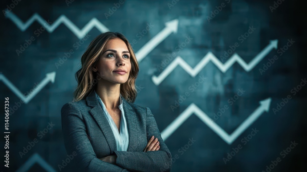 Confident Businesswoman Standing in Front of Graphs Representing Growth and Success in a Professional Environment Confident Businesswoman Standing in Front of Graphs Representing Growth and Success in a Professional Environment