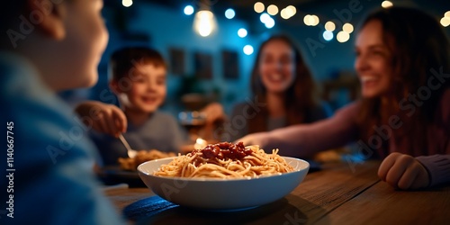 Family enjoying delicious pasta dinner together at home.