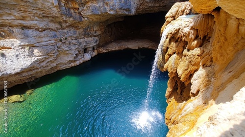 An awe-inspiring view of a natural cave pool surrounded by rocks, featuring a cascading waterfall with crystal-clear waters and ambient light creating a magical atmosphere. photo