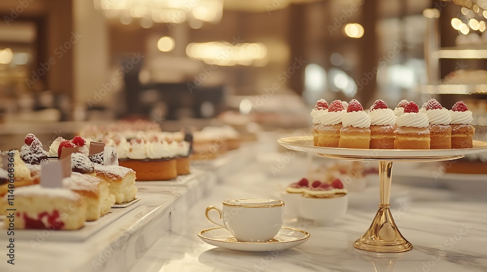 Delicious cakes and cappuccino for breakfast on a table in a big cafe Delicious cakes and cappuccino for breakfast on a table in a big cafe