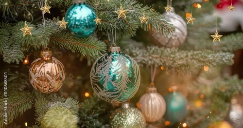 Christmas And New Year Background. Christmas Tree With Decoration. Copy Space