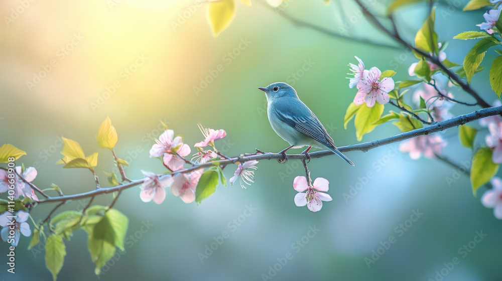 Fototapeta premium A Serene Bird Perched on Cherry Blossom Branches Under Soft Morning Light with Gentle Bokeh Effect in a Beautiful Natural Environment