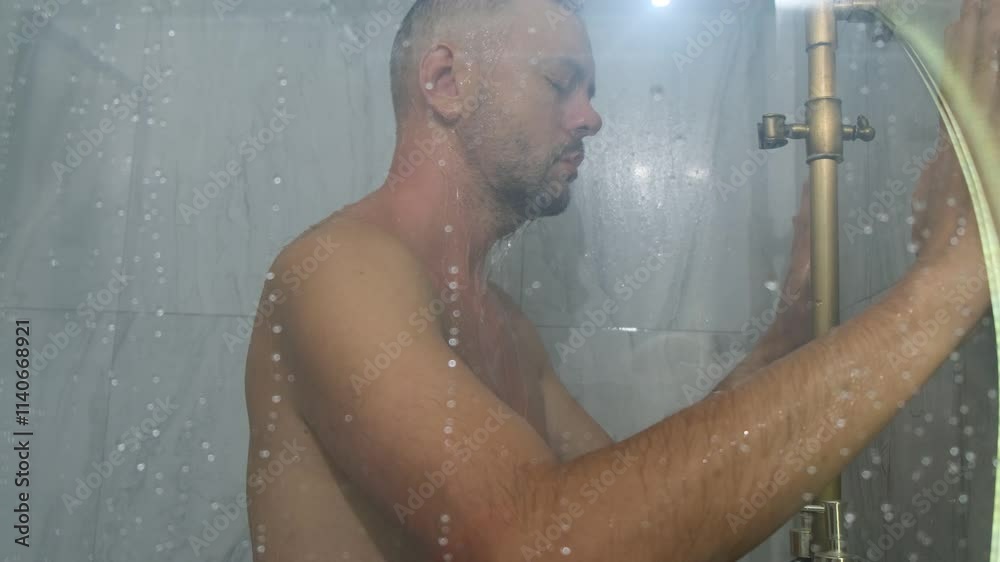 Man in shower, eyes closed. Water drops, personal care, relaxation, morning routine Man in shower, eyes closed. Water drops, personal care, relaxation, morning routine