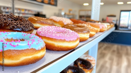 An enticing lineup of donuts displayed on a bakery shelf, featuring a mix of frosting styles including pastel shades and sprinkles, offering a delightful visual treat. photo