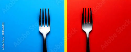 Two Forks on Vibrant Colored Background: Dining Utensils, Metal Cutlery, Contrasting Colors, Bold Palette, Simple Composition, Minimalist Design, Table Setting, Food Styling, Culin