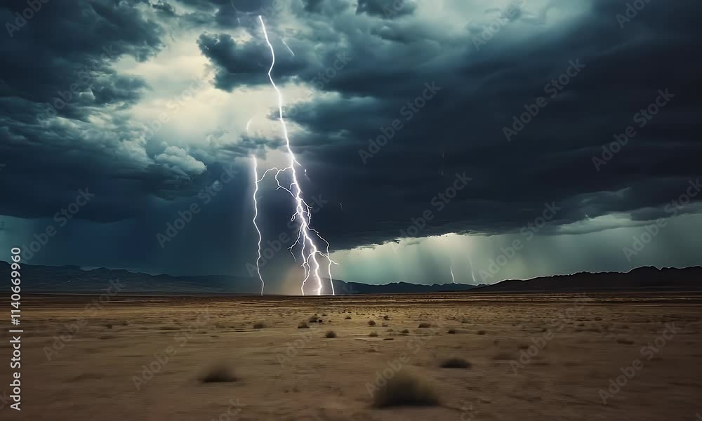 A dramatic lightning strike illuminates a dark, stormy sky over a barren landscape.