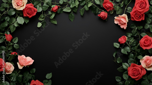 Dark background wide banner with roses on vines and ivy. Romance themed concept ideal for Valentine�s Day. Space for text to personalize designs. Vivid petals create a striking contrast photo