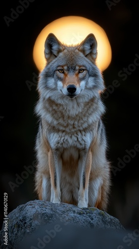 Majestic lone wolf on a rugged rock under a glowing full moon, its silver-gray fur shimmering in the moonlight against a serene nighttime forest, capturing wilderness and mystery. photo