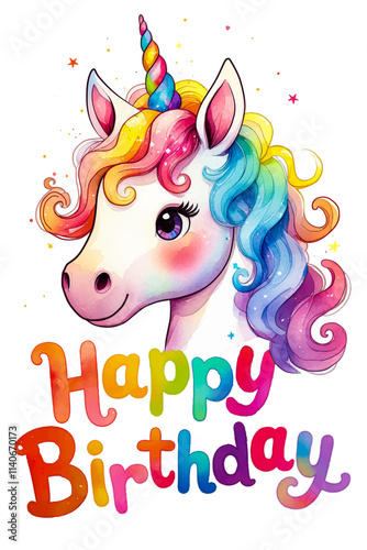 Watercolor Happy Birthday lettering with unicorn on transparent background