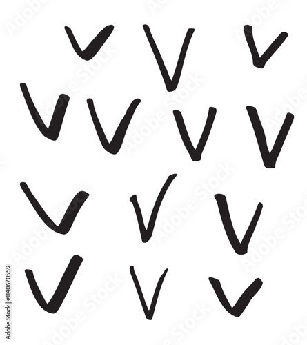A set of ticks, checkmark,tick of affirmative signs of approval, a handmade advertising drawing in the form of doodles