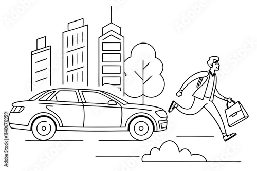 A simple 2D line-drawn illustration suitable for animation, with minimal internal shading and clean outlines. The background features tall skyscrapers, depicting a downtown setting. In the foreground,