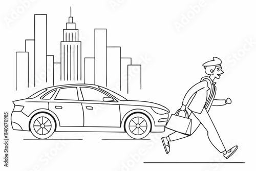 A simple 2D line-drawn illustration suitable for animation, with minimal internal shading and clean outlines. The background features tall skyscrapers, depicting a downtown setting. In the foreground,