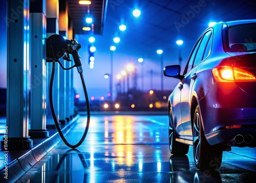 Silhouette Blue Car Gas Station Refueling Night Photography - Dark Dramatic Fuel Pump Image photo