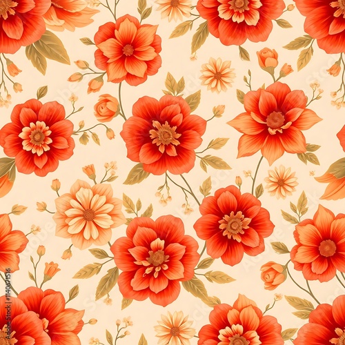 Wallpaper Mural Autumn Floral Pattern: A vibrant and intricate pattern featuring a cascade of orange and cream flowers, leaves, and buds. The intricate details create a warm and inviting feel. Torontodigital.ca