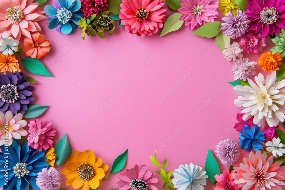 Fototapeta premium Colorful Paper Flower Arrangement on Pink Background