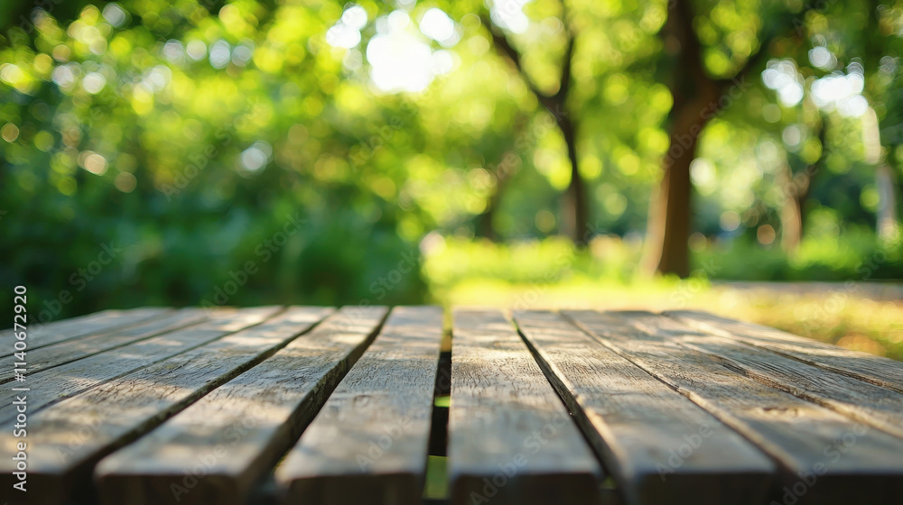 Fototapeta premium Beautiful Sunlit Wooden Table in a Green Park Surrounded by Lush Trees and Nature for Tranquil Outdoor Relaxation and Gathering