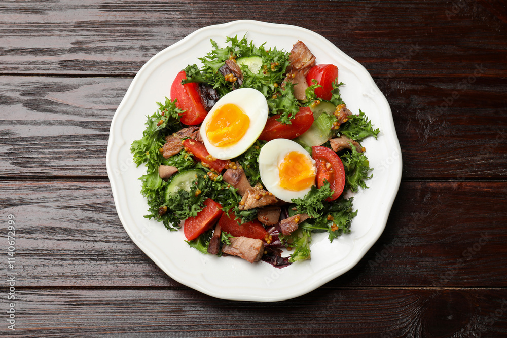 Delicious fresh tuna salad on wooden table, top view Delicious fresh tuna salad on wooden table, top view