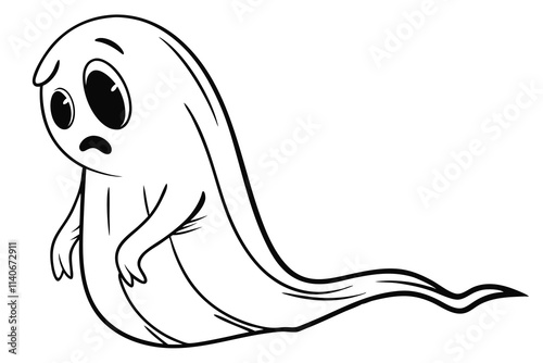A simple black and white cartoon-style ghost. The character has a smooth, rounded head that tapers seamlessly into a flowing, tail-like lower body instead of legs. Its form is somewhat like a teardrop