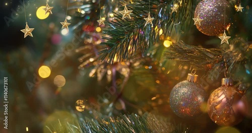 Christmas And New Year Background. Christmas Tree With Decoration. Copy Space