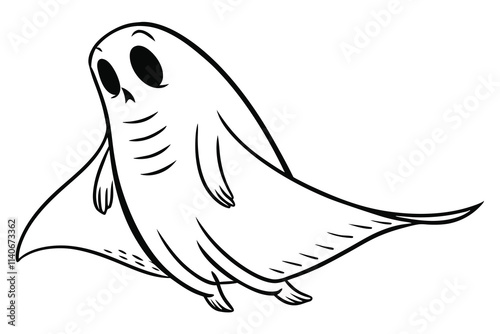 A simple black and white cartoon-style ghost. The character has a smooth, rounded head that tapers seamlessly into a flowing, tail-like lower body instead of legs. Its form is somewhat like a teardrop