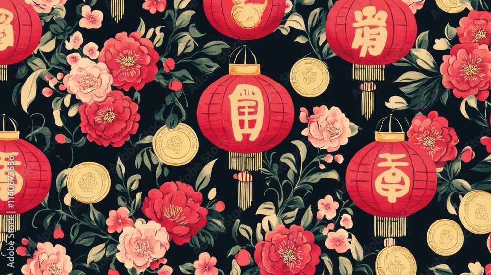 Festive lanterns and floral patterns cultural celebration textile design asian influence close-up view vibrant aesthetics Festive lanterns and floral patterns cultural celebration textile design asian influence close-up view vibrant aesthetics