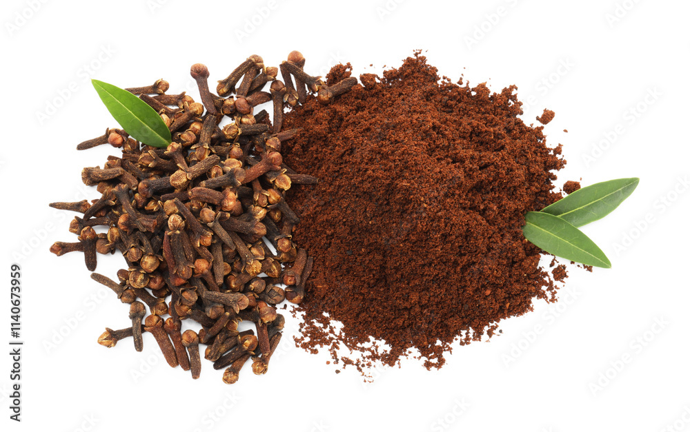 Pile of clove powder, dried buds and green leaves on white background, top view. Aromatic spice Pile of clove powder, dried buds and green leaves on white background, top view. Aromatic spice