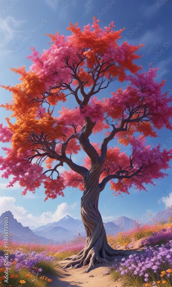 Surreal tree with blooming flowers in vivid colors, lively atmosphere, dreamy branches Surreal tree with blooming flowers in vivid colors, lively atmosphere, dreamy branches