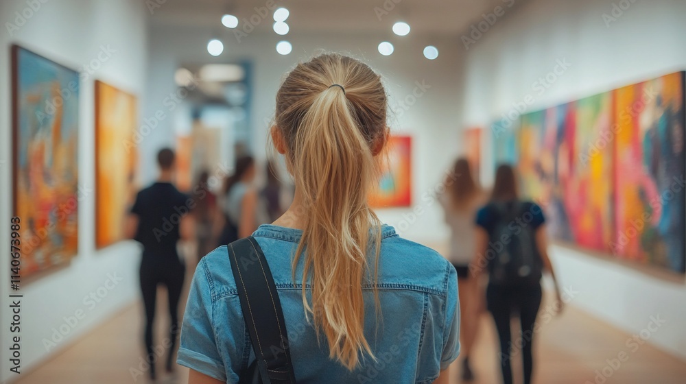Woman viewing art in gallery, other visitors blurred background. Woman viewing art in gallery, other visitors blurred background.