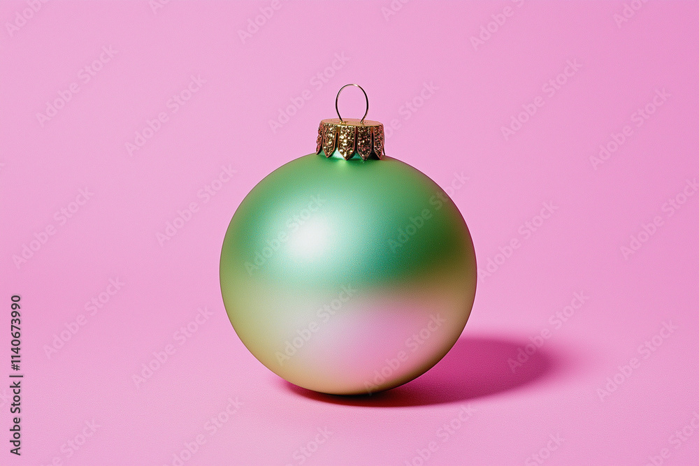 A green Christmas ornament resting on a pink background. Playful and modern holiday decor with vibrant color contrast. A green Christmas ornament resting on a pink background. Playful and modern holiday decor with vibrant color contrast.