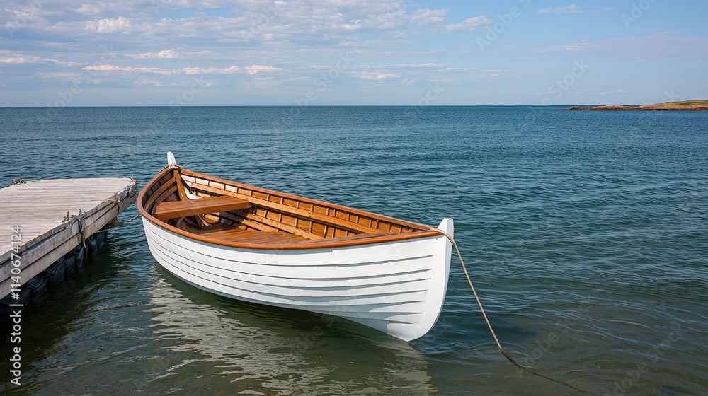 Naklejka premium Path of beginning and start exploration, A serene wooden boat docked at the water