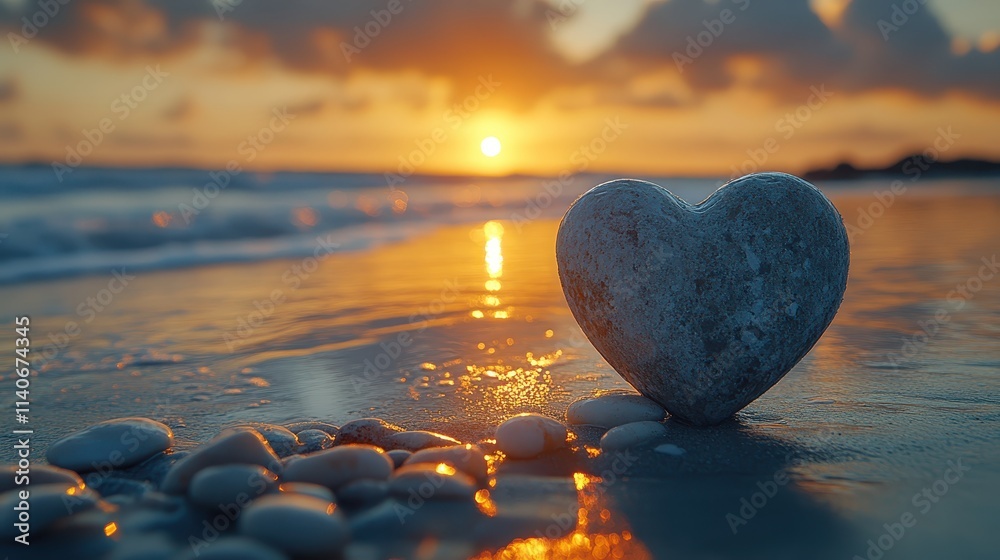 Fototapeta premium A heart-shaped stone lying in the sand on a beach at sunset.