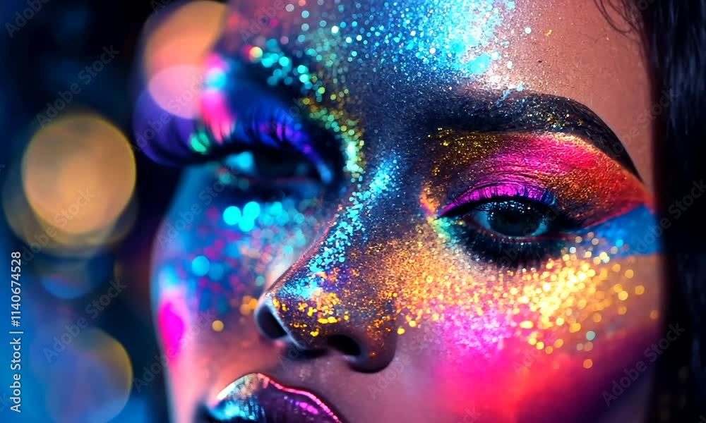A vibrant close-up of a face adorned with colorful glitter. A vibrant close-up of a face adorned with colorful glitter.