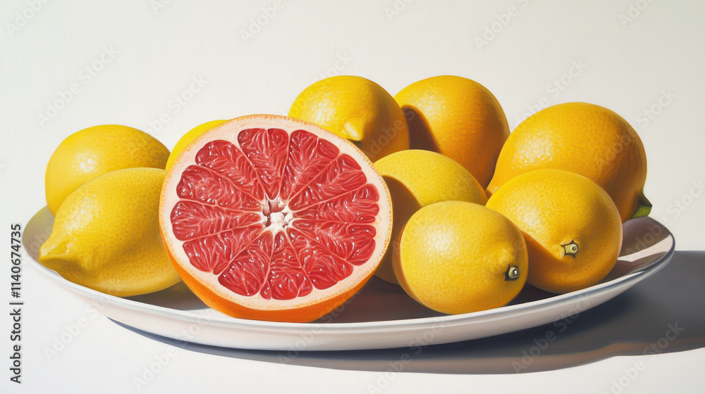 A plate of bright pink grapefruits, one grapefruit cut in half showing a vibrant magenta interior, surrounded by ripe yellow lemons. The fruits are glossy and hyper-detailed, emphasizing their texture A plate of bright pink grapefruits, one grapefruit cut in half showing a vibrant magenta interior, surrounded by ripe yellow lemons. The fruits are glossy and hyper-detailed, emphasizing their texture