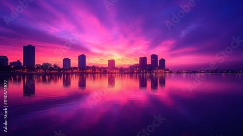 purple sunset sky, silhouette of city skyline, dramatic evening light, Generative AI