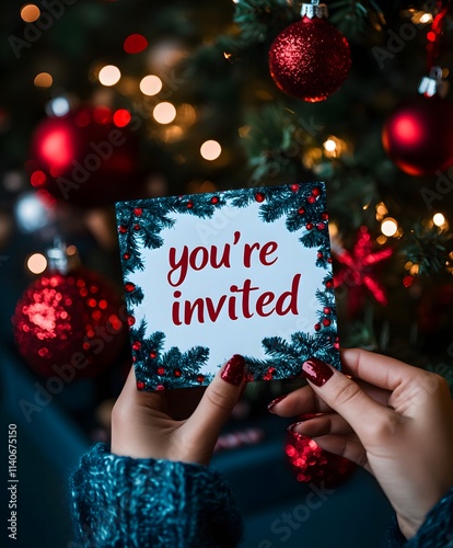 Christmas Invitation Card you're invited mockup with Christmas decorations background template