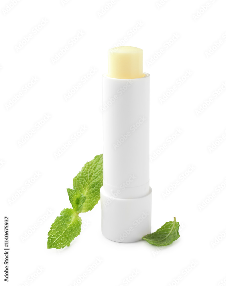 Mint lip balm and green leaves isolated on white. Cosmetic product Mint lip balm and green leaves isolated on white. Cosmetic product