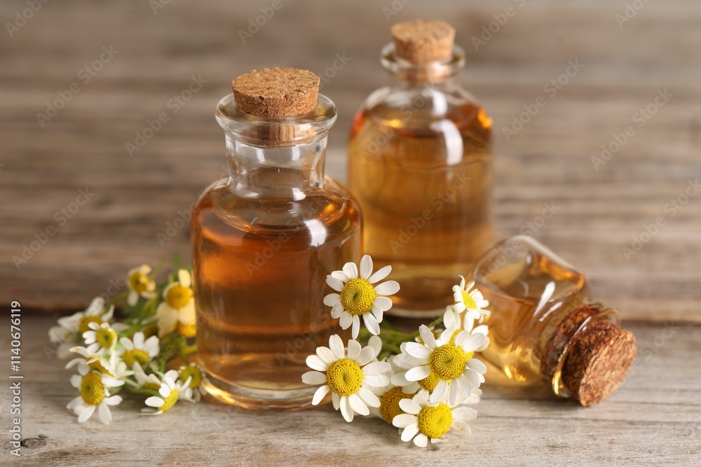 Bottles of essential oil and chamomile flowers on wooden table, closeup Bottles of essential oil and chamomile flowers on wooden table, closeup