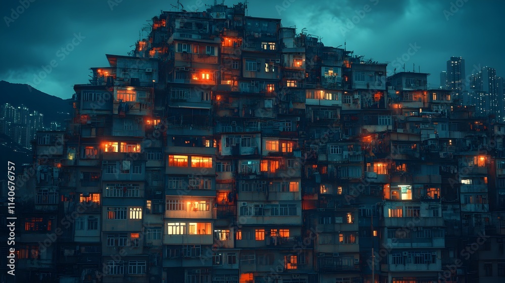 Densely Packed City Skyline Glowing in the Twilight Capturing Urban Complexity and Overpopulation Densely Packed City Skyline Glowing in the Twilight Capturing Urban Complexity and Overpopulation