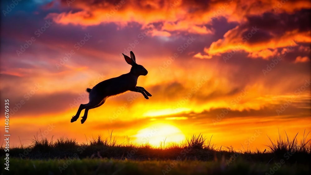 Silhouette Rabbit Hopping Action, Jumping Bunny Silhouette Photography, Dark Background, Wildlife Silhouette Silhouette Rabbit Hopping Action, Jumping Bunny Silhouette Photography, Dark Background, Wildlife Silhouette