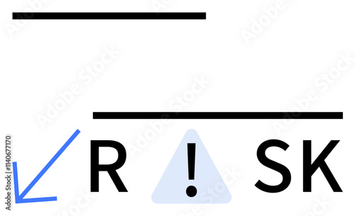 Black horizontal lines, blue downward arrow, exclamation mark in triangle, and RISK text emphasizing risk management. Ideal for business presentations, safety procedures, finance, project planning