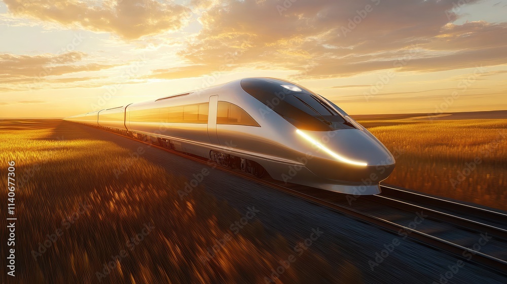 Obraz premium A sleek high-speed train cutting through golden fields at sunrise, with warm light illuminating the horizon