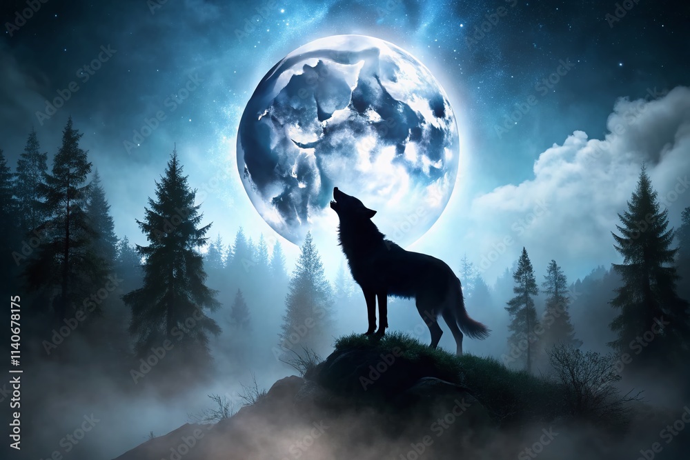 Silhouette Werewolf Howling Moon Night Forest Shadow Beast Mystical Creature Dark Fantasy Silhouette Werewolf Howling Moon Night Forest Shadow Beast Mystical Creature Dark Fantasy