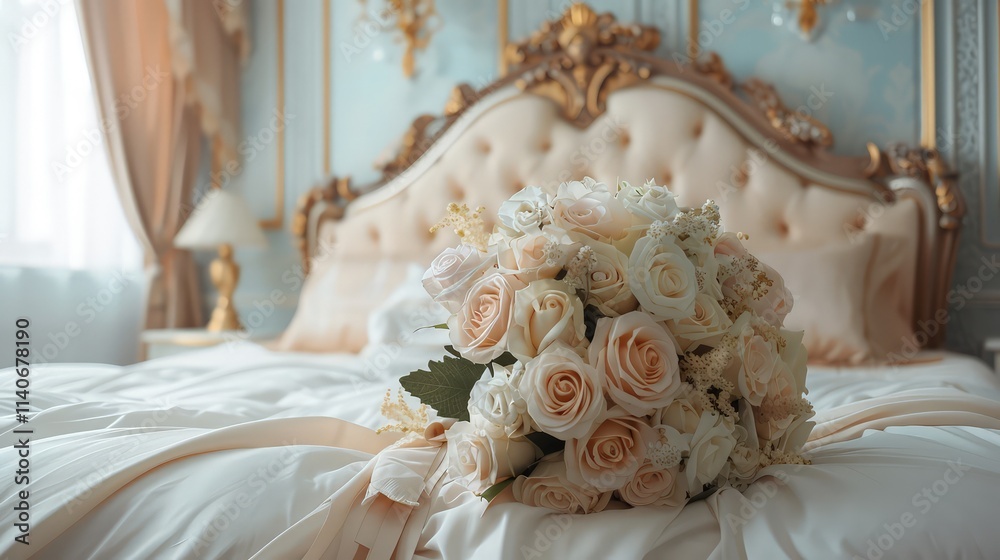 The wedding bouquet, filled with white roses and delicate lilies, rests gracefully on the soft, ivory bedspread. The wedding bouquet, filled with white roses and delicate lilies, rests gracefully on the soft, ivory bedspread.